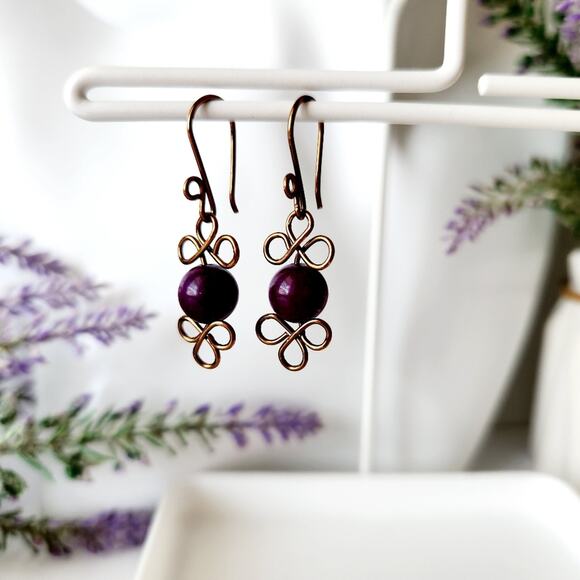 Purple Dyed Quartz Stone Beads Copper Wire Wrap Drop Earrings - Picture 5 of 10